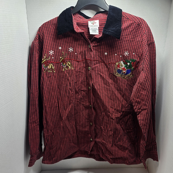 Nutcracker Tops - Red Checkered Shirt with Holiday Embroidery